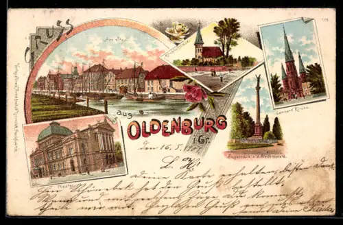 Lithographie Oldenburg i. Gr., Am Stau, Lambertikirche, Theater, Siegessäule