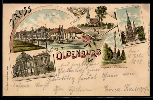 Lithographie Oldenburg i. Gr., Siegessäule u. Friedensplatz, Am Stau, Lambertikirche, Theater