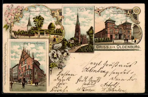 Lithographie Oldenburg, Gertrudenkirchhof, St. Lamberti-Kirche, Turnhalle d. Turnerbundes