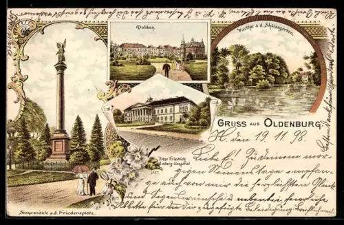 Lithographie Oldenburg, Dobben, Siegessäule am Friedensplatz, Peter Friedrich Ludwig Hospital