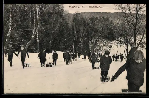 AK Mölln i. L., Rodelbahn, Kinder mit Schlitten