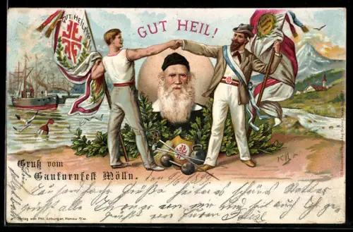 Lithographie Mölln, Gauturnfest, Turner mit Fahnen und Turnvater-Porträt, Gut Heil