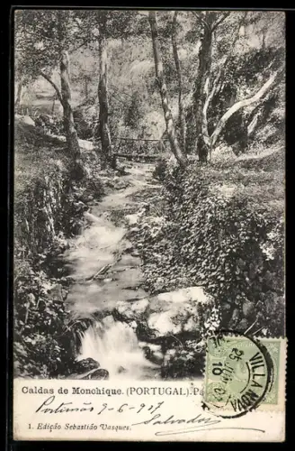 AK Caldas de Monchique, Waldpartie mit Flusslauf und Brücke