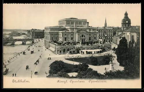 AK Stockholm, Königl. Opernhaus mit Opernterrasse, Denkmalanlage u. Brücke aus der Vogelschau