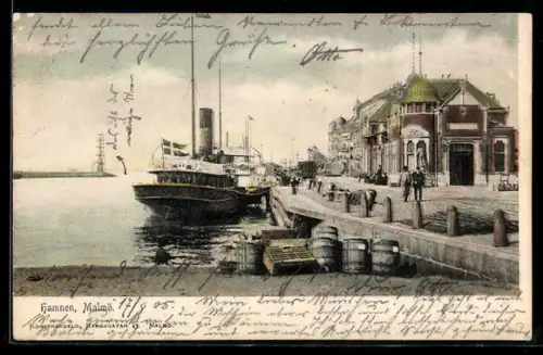 AK Malmö, Hafenpartie, Passagierschiff an der Kaimauer