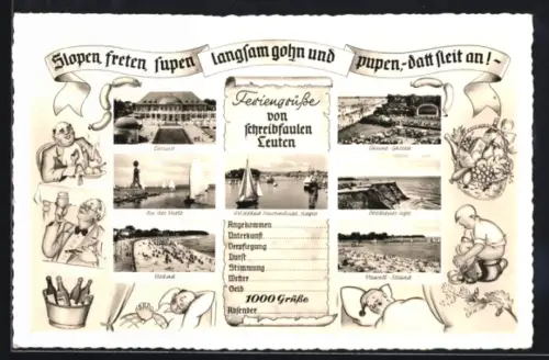 Lithographie Travemünde, Strand, Leuchtturm, Ostseehalle