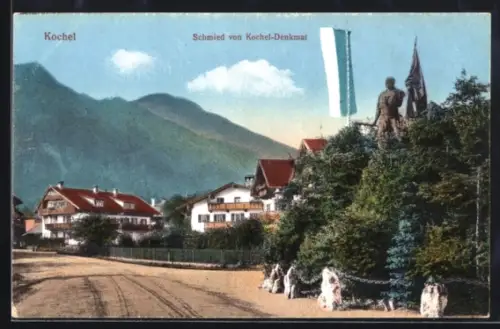 AK Kochel, Schmied von Kochel-Denkmal, Wohnhäuser, Berge