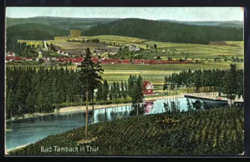 AK Bad Tambach in Thür., Teich, Wald, Panorama