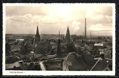 AK Castrop-Rauxel, Ortsansicht mit Kirchen und Industrieanlagen