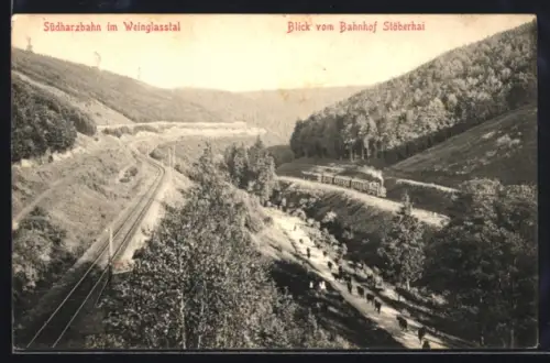AK Stöberhai, Südharzbahn im Weingasstal, Blick vom Bahnhof
