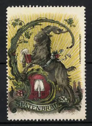 Reklamemarke Spatenbräu, Bierbrauerei, Ziegenbock mit Bierkrug