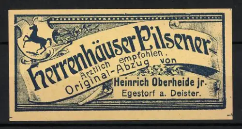 Reklamemarke Egestorf a. Deister, Heinrich Oberheide jr., Bierbrauerei, Herrenhäuser Pilsener, springendes Pferd