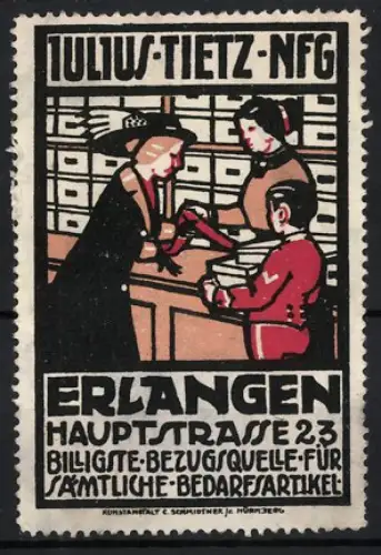 Reklamemarke Erlangen, Julius Tietz Nfg, Kleidungs- und Bedarfsartikel, Geschäftsszene