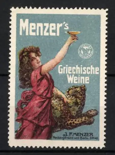 Reklamemarke J. F. Menzer, Menzer`s Griechische Weine, Frau mit Pokal und Leopard