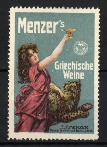 Reklamemarke J.F. Menzer, Menzer`s Griechische Weine, Frau mit Leopard