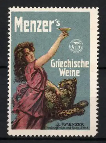 Reklamemarke J.F. Menzer, Menzer`s Griechische Weine, Frau mit Leopard