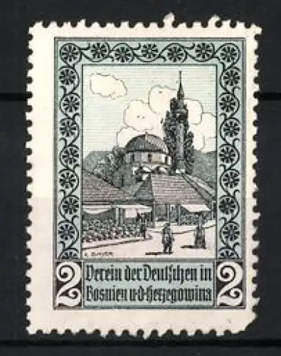 Reklamemarke Bosnien und Herzegowina, Verein der Deutschen, Landschaft mit Kirche und Häusern