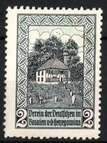 Reklamemarke Bosnien und Herzegowina, Verein der Deutschen, Gebäude mit Landschaft