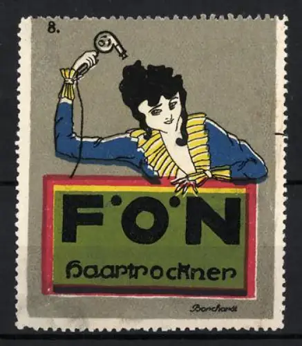 Künstler-Reklamemarke sign. Borchardt: FÖN, Haartrockner, Frau mit Haartrockner