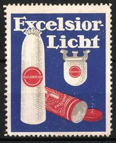 Reklamemarke Excelsior-Licht, Glühstrümpfe für Gaslampen, Glühstrumpf und Verpackung