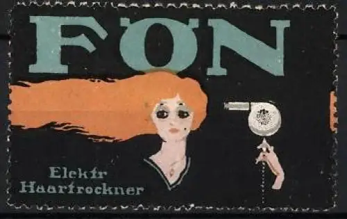 Reklamemarke FÖN, Elektrischer Haartrockner, Frau mit Fön