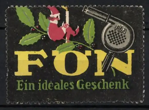 Reklamemarke FÖN, Elektrische Haartrockner, Weihnachtsmann auf einem Stechpalmenzweig und Fön