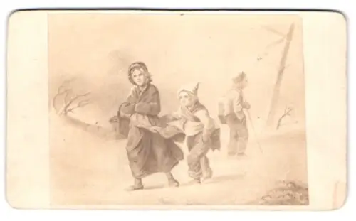 Fotografie unbekannter Fotograf und Ort, Gemälde Bettelkinder im Schnee