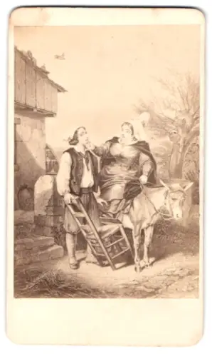Fotografie Fotograuf unbekannt, Ort unbekannt, Gemälde Beleibte Frau beim Absteigen von Esel