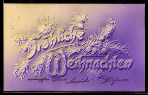 Präge-Airbrush-AK Tannenzweige mit Zapfen, Weihnachtsgruss