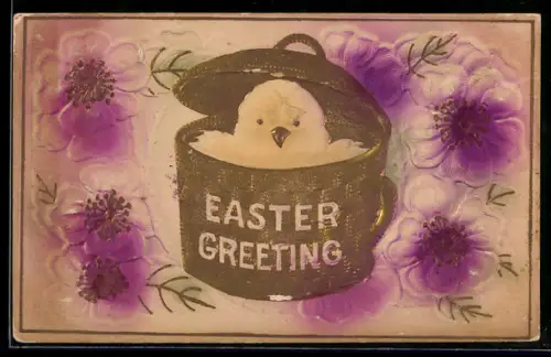Präge-Airbrush-AK Osterküken im Topf, Blumen, Ostergruss
