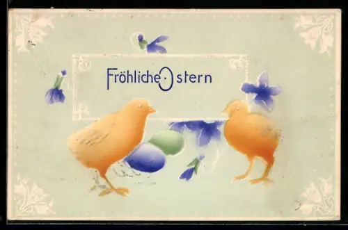 Präge-Airbrush-AK Zwei Osterküken, Ostereier, Blumen, Ostergruss