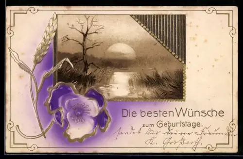 Präge-Airbrush-AK Auenlandschaft mit tiefstehender Sonne, Blume, Ähre, Geburtstagsgruss