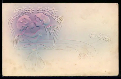 Präge-Airbrush-AK Sich küssendes Engelspaar, Ornament-Rahmen, Blumen