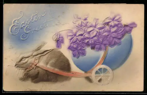 Präge-Airbrush-AK Hase zieht ein Osterei mit Blumen, Ostergruss