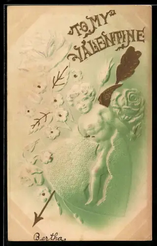 Präge-Airbrush-AK Amor mit durchbohrtem Herz, Valentinstagsgruss