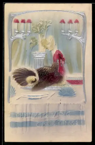 Präge-Airbrush-AK Truthahn auf einem gedeckten Tisch, Thanksgiving-Greetings
