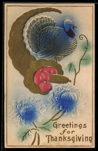 Präge-Airbrush-AK Truthahn, Kürbisse, Blumen, Thanksgiving-Greetings