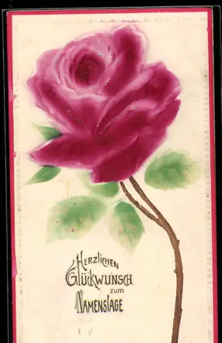 Präge-Airbrush-AK Rote Edelrose, Namenstagsgruss