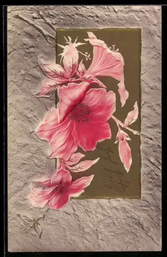 Präge-Airbrush-AK Lilienblüten vor Gold-Hintergrund