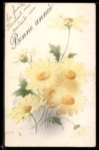 Präge-Airbrush-AK Margeriten, Bonne année