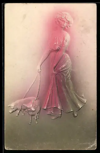 Präge-Airbrush-AK Junge Dame führt zwei Ferkel spazieren