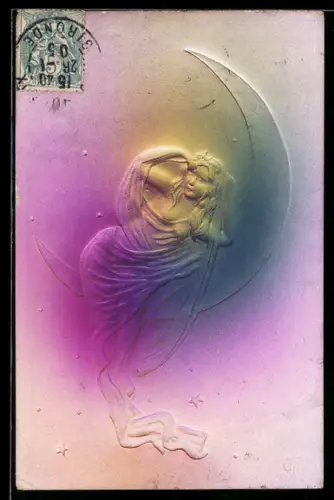 Präge-Airbrush-AK Frauenfigur vor Mondsichel