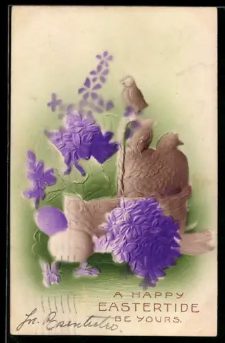 Präge-Airbrush-AK Huhn im Korb mit Ostereiern, Blumen, Vogel, Ostergruss