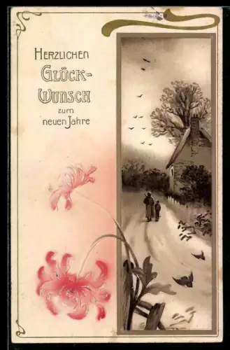 Präge-Airbrush-AK Einsames Haus mit Strasse u. Vorübergehenden, Blume, Neujahrsgruss