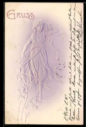Präge-Airbrush-AK Mädchen im antiken Gewand, Blumen