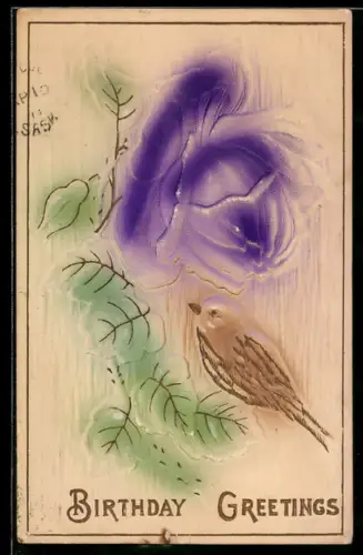 Präge-Airbrush-AK Singvogel auf einem Zweig mit blühender Rose, Geburtstagsgruss