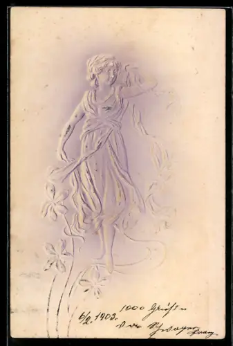 Präge-Airbrush-AK Mädchen mit Schleier, Blumen