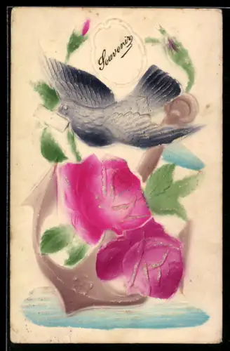 Präge-Airbrush-AK Anker, Brieftaube und Rosen