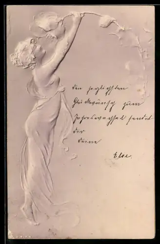 Präge-Airbrush-AK Junge Dame zieht Blütenstengel zu sich herunter