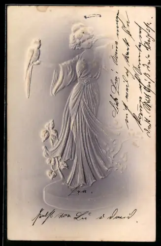 Präge-Airbrush-AK Junge Dame mit Papagei auf der Hand